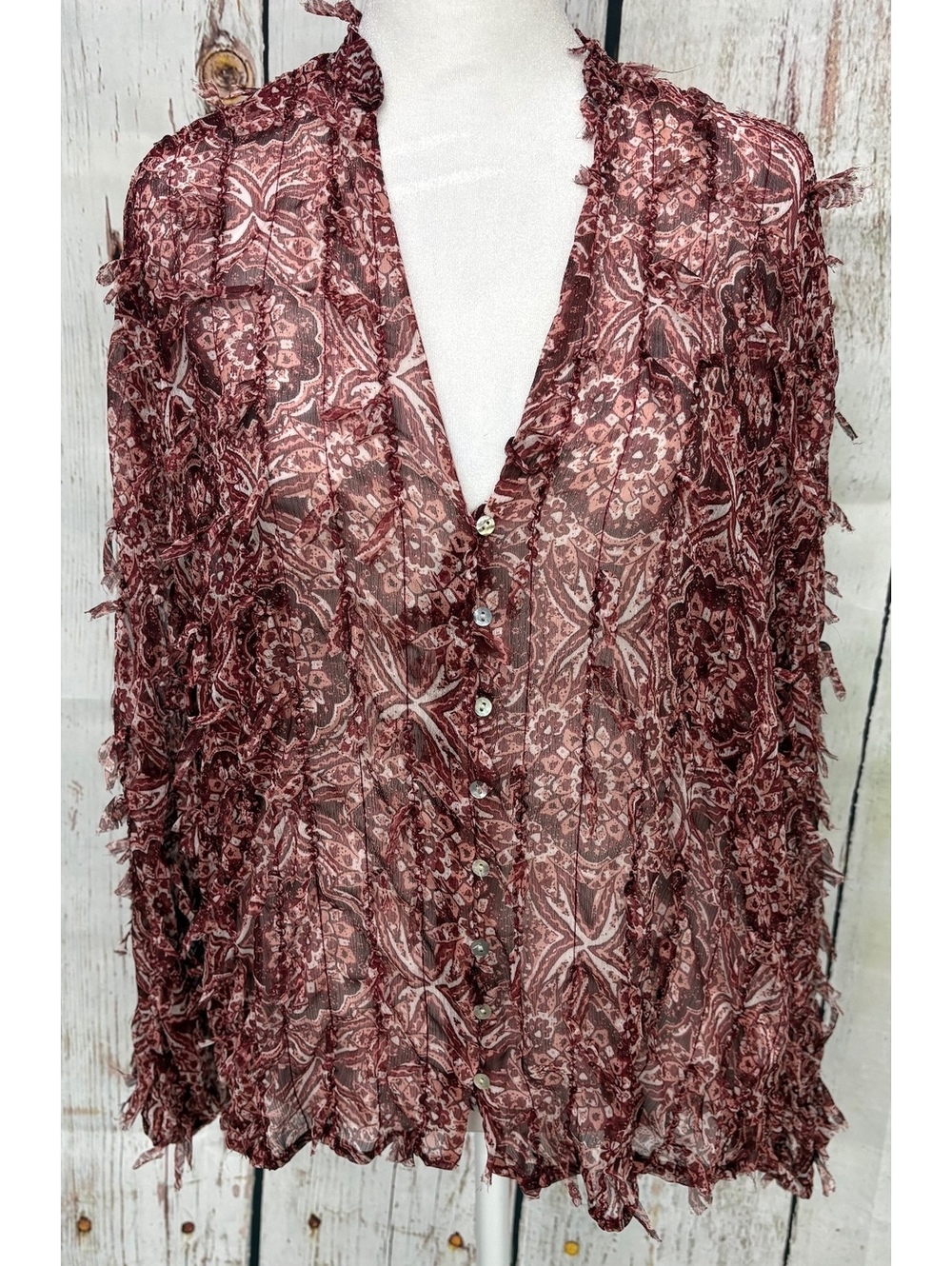 Zara Women’s Burgundy Fringed Semi-Sheer Boho Blouse Size Small NWT